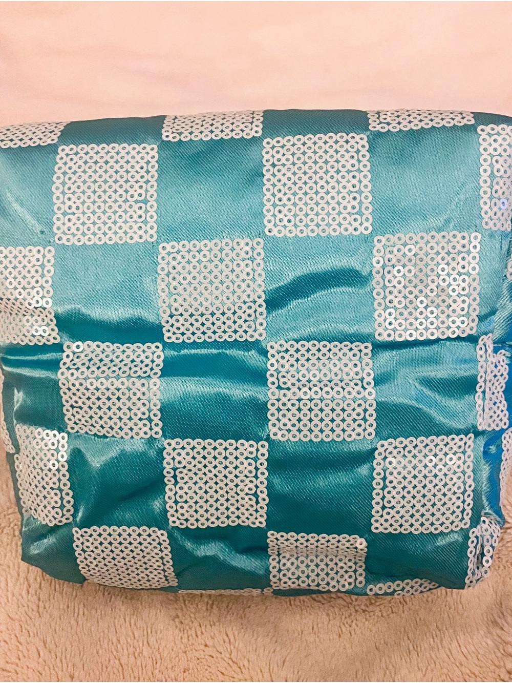 Teal and white puffy Sequin Checkerboard Makeup Bag NWT with gold tone accents